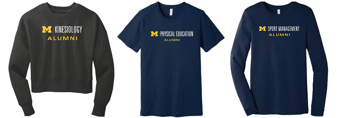 3 alumni shirts: long-sleeve cropped sweatshirt, short-sleeve tee, and long-sleeve tee