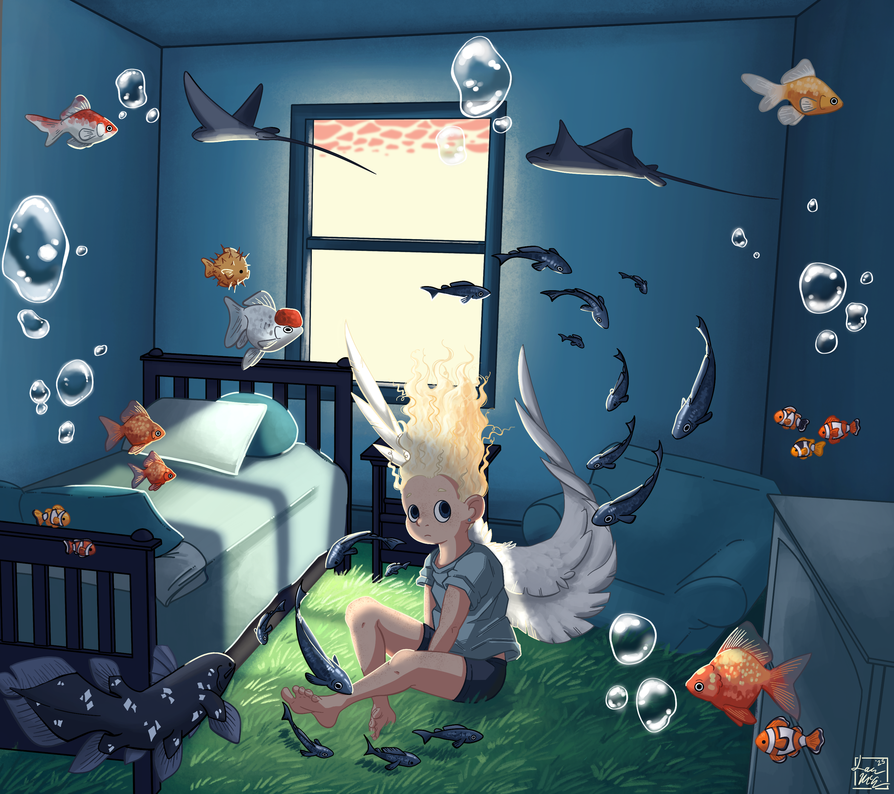 A digital illustration of a person sitting on the floor in a bedroom that's covered in grass. Animals float around the person - fish of different shapes and colors, stingrays, sharks. Occasionally, there are bubbles floating around the person, who themself has white angel-like wings on their back.