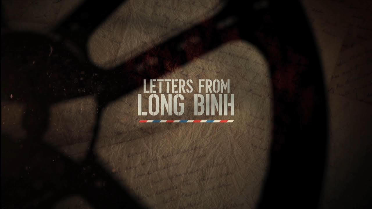 The opening shot of Greg Stern's documentary, Letters From Long Binh, with brown paper parcels in the background and the text "Letters from Long Binh"