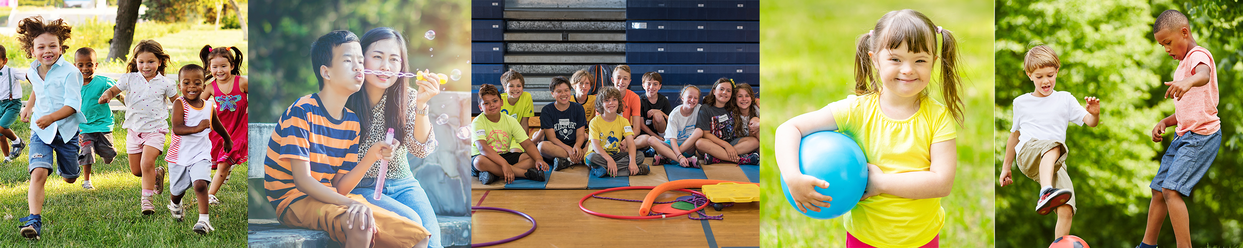 coillage of children playing outside and in a gym.