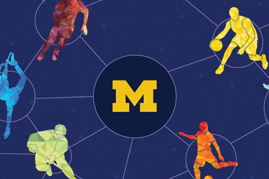 University of Michigan logo surrounded by silhouettes of athletes.