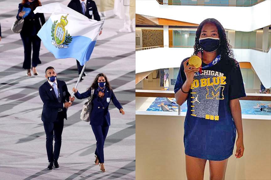 Left: Myles Amine and colleague carry the flag during the Opening Ceremonies; right: Jayde Riviere shows off her gold medal