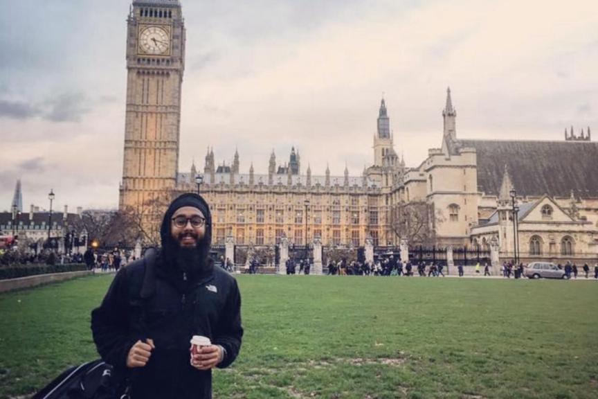 Harjiv Singh in front of the Big Ben clocktower in London