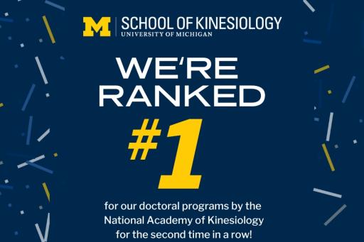University of Michigan School of Kinesiology logo on a blue background with confetti. &quot;We&#039;re ranked #1 for our doctoral programs by the National Academy of Kinesiology for the second time in a row!&quot;