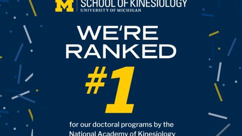 University of Michigan School of Kinesiology logo on a blue background with confetti. &quot;We&#039;re ranked #1 for our doctoral programs by the National Academy of Kinesiology for the second time in a row!&quot;